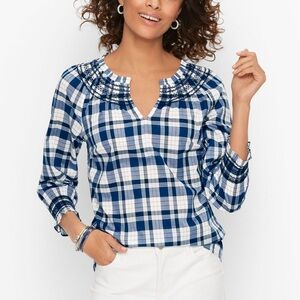 Talbots Blossom Plaid Smocked Peasant Top/Blouse 3/4 Raglan sleeves Size M